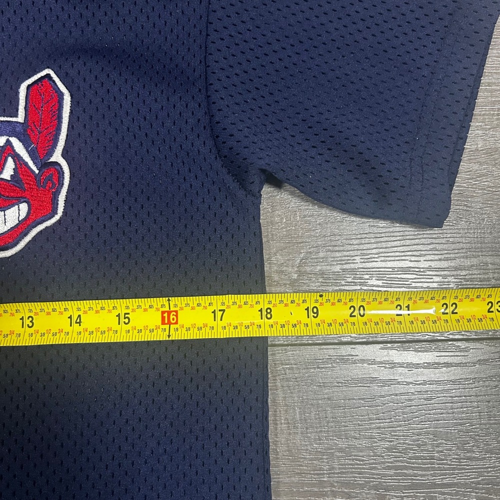 Majestic Cleveland Indians Baseball Jersey Chief Wahoo Embroidered Navy Blue L - Picture 6 of 9
